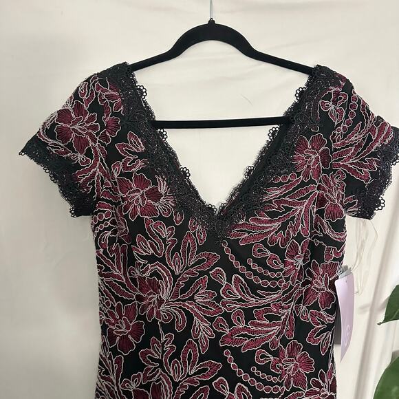 JS Collections Wine Embroidered V-Neck Floral Midi Dress Black Size 4 NWT - Picture 4 of 10